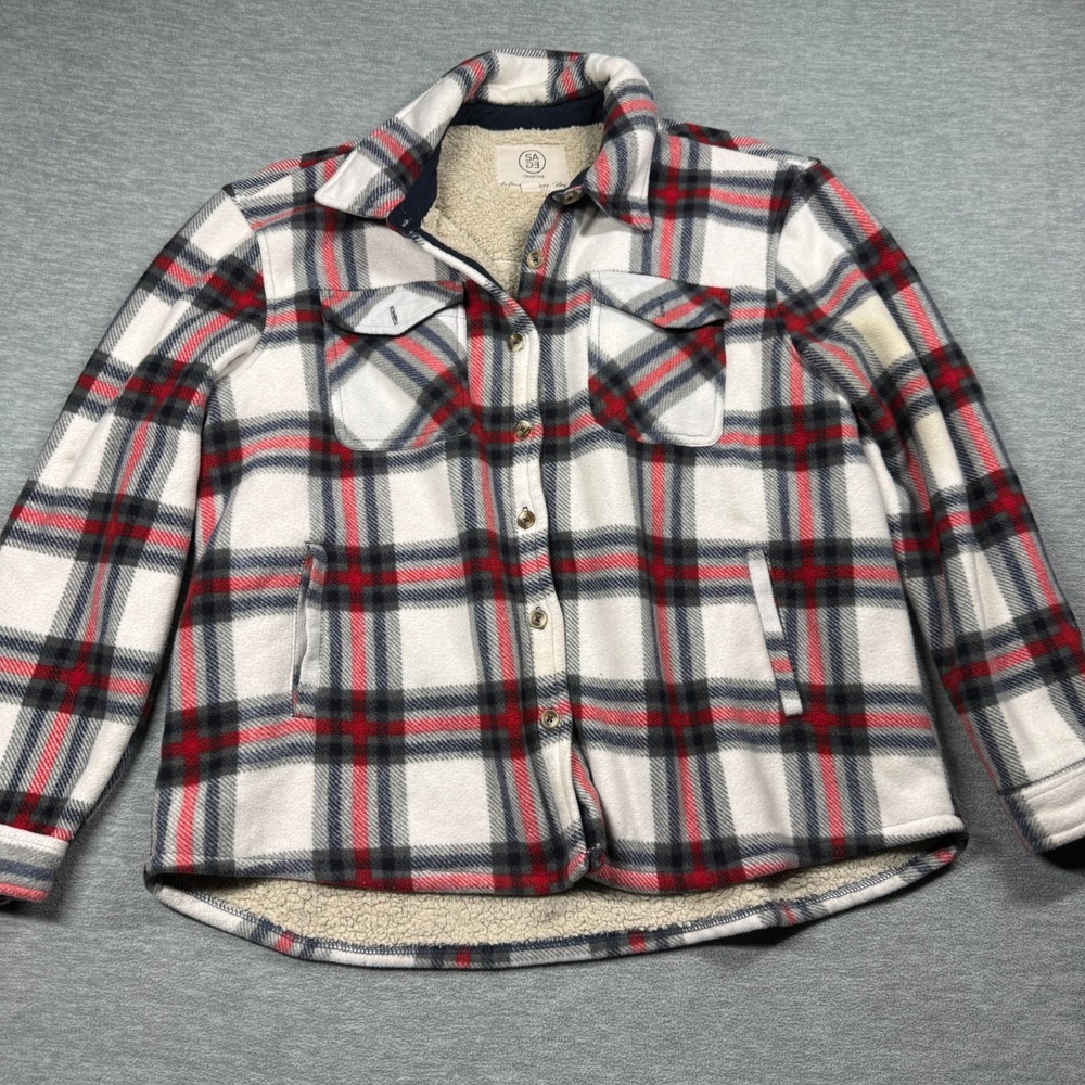 Sage Collective Shacket Women XL White Plaid Sherpa Lined Fleece Button Up Jacke
